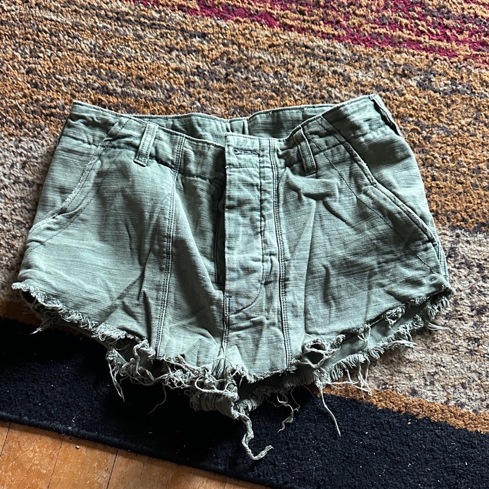 Free People Sage Green Frayed Hem Cargo Shorts